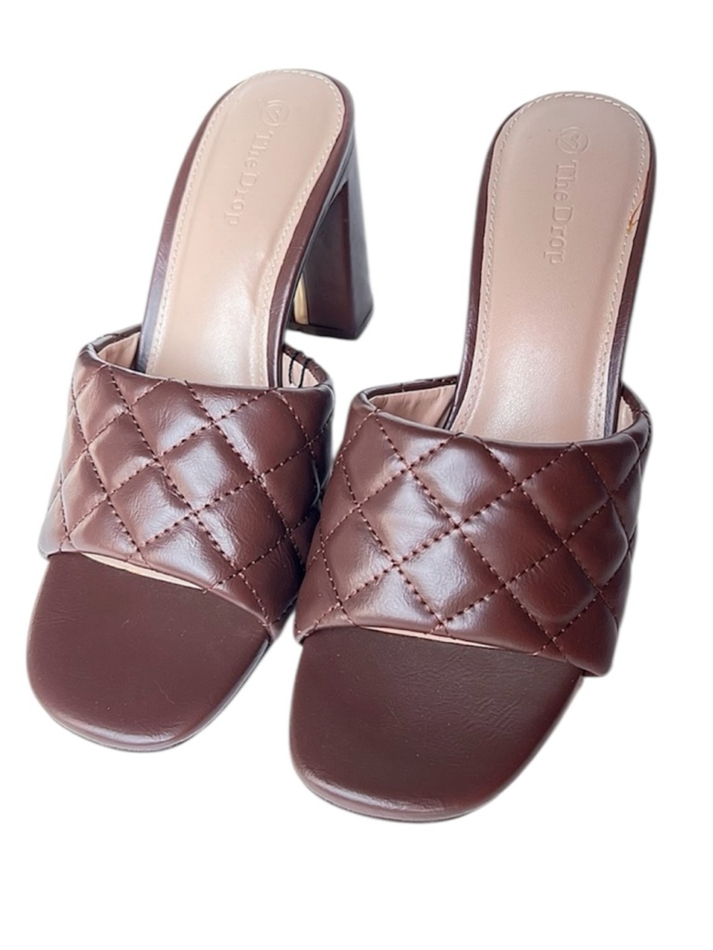 The Drop Quilted Chocolate High Block Heeled Mule Open Toe Sandal Ladies 7.5
